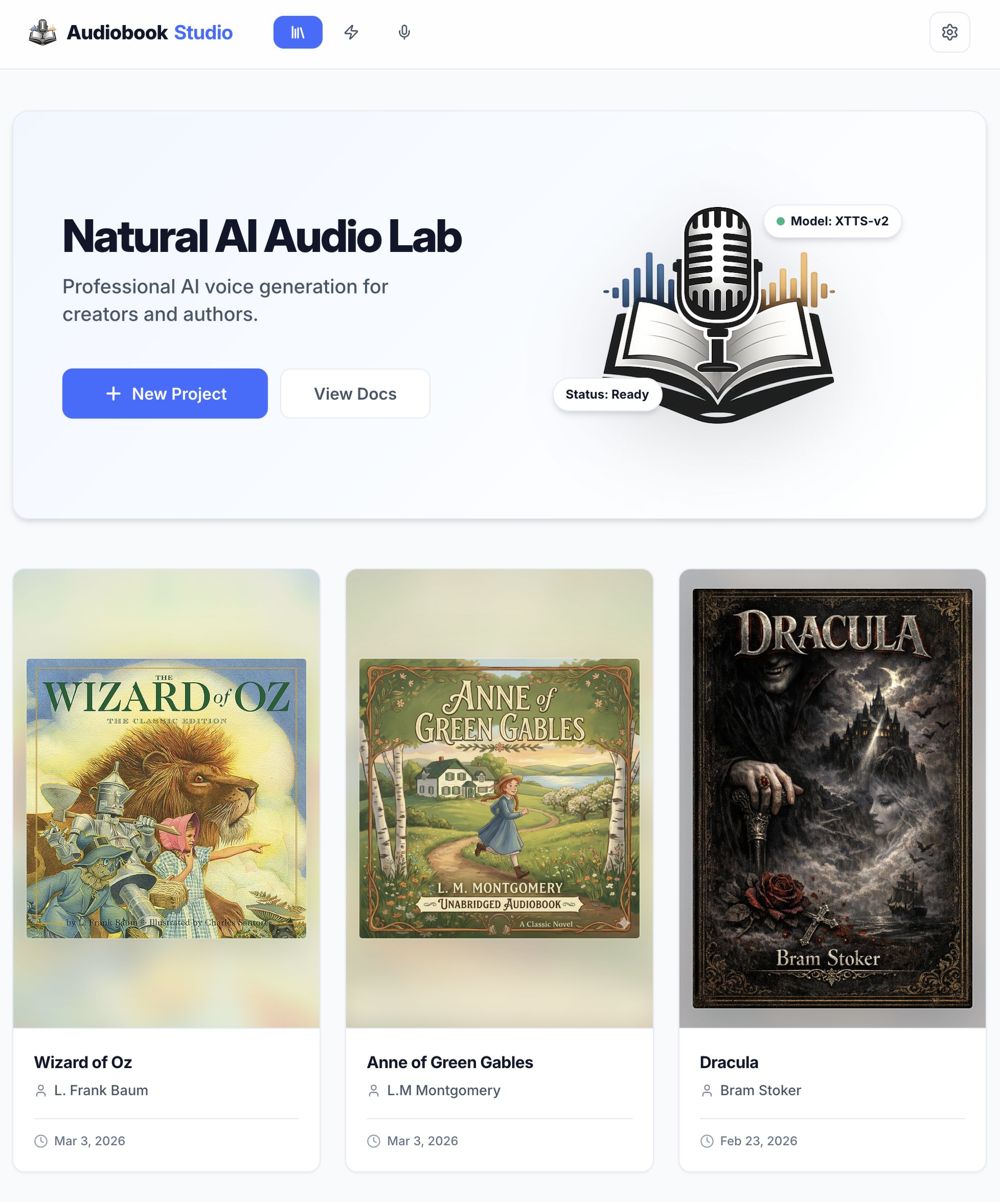 The Audiobook Studio library, showing book projects as cover cards
